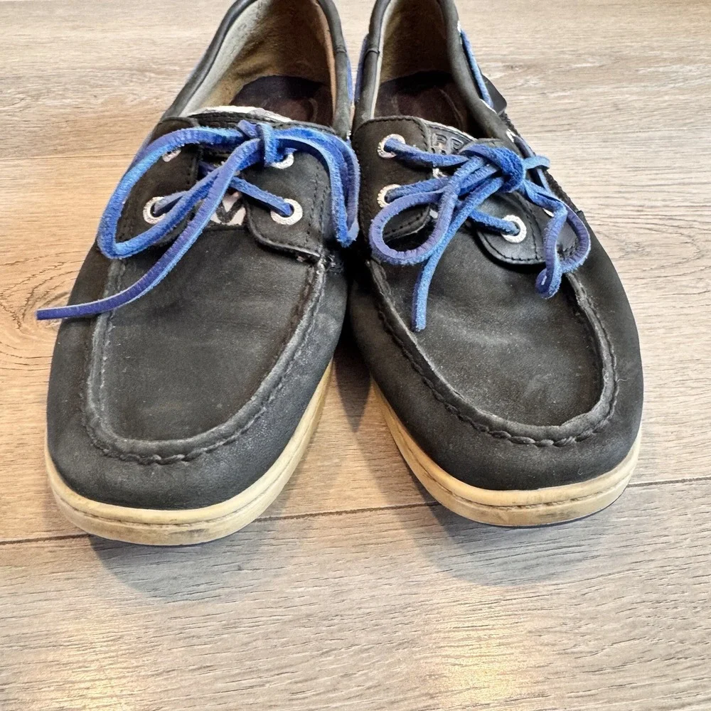 Sperry Topsider Boat Shoes Womens‎ 7.5 Black Leather Bluefish Zebra Print Casual